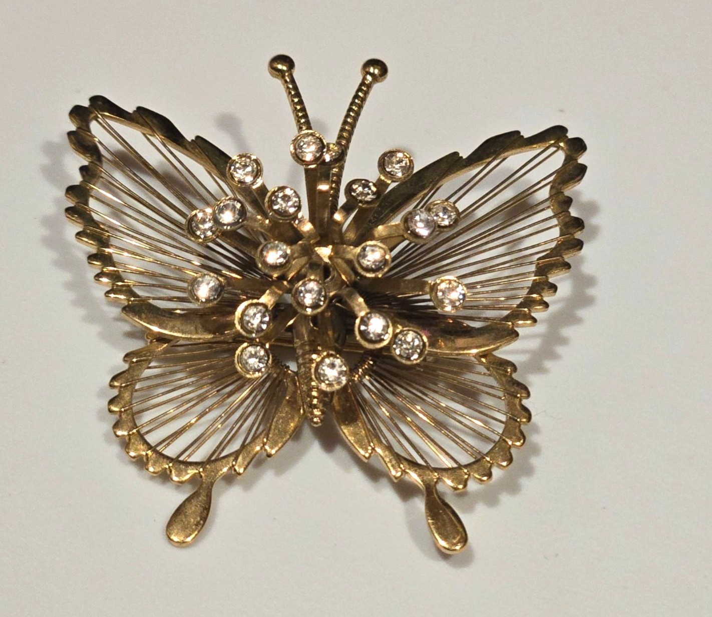 Vintage Monet butterfly brooch intricate wired wings and sparkling rhinestones