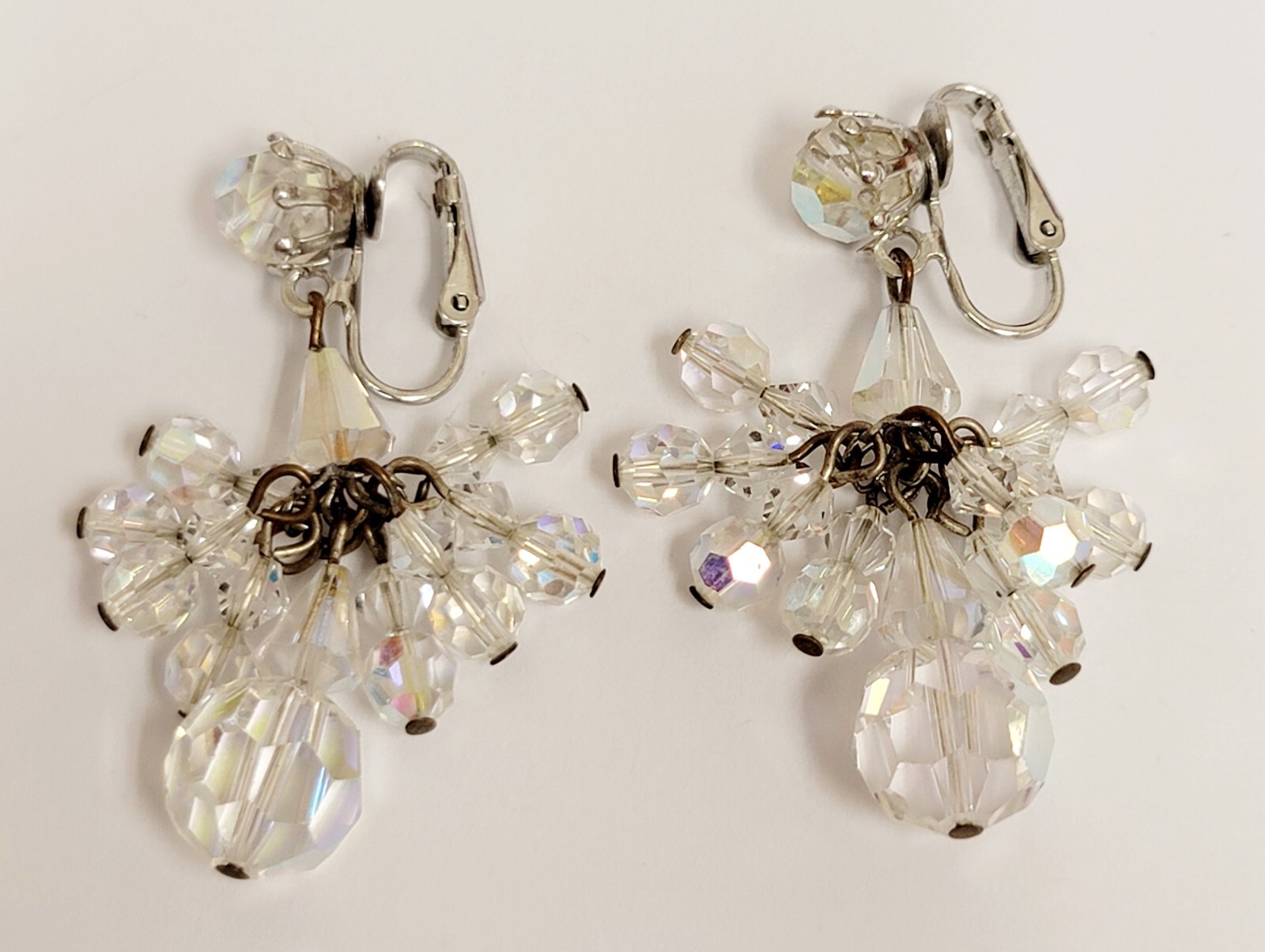Vintage Clear Glass Crystal AB Bead Chandelier Earrings & Crystal Cluster Brooch