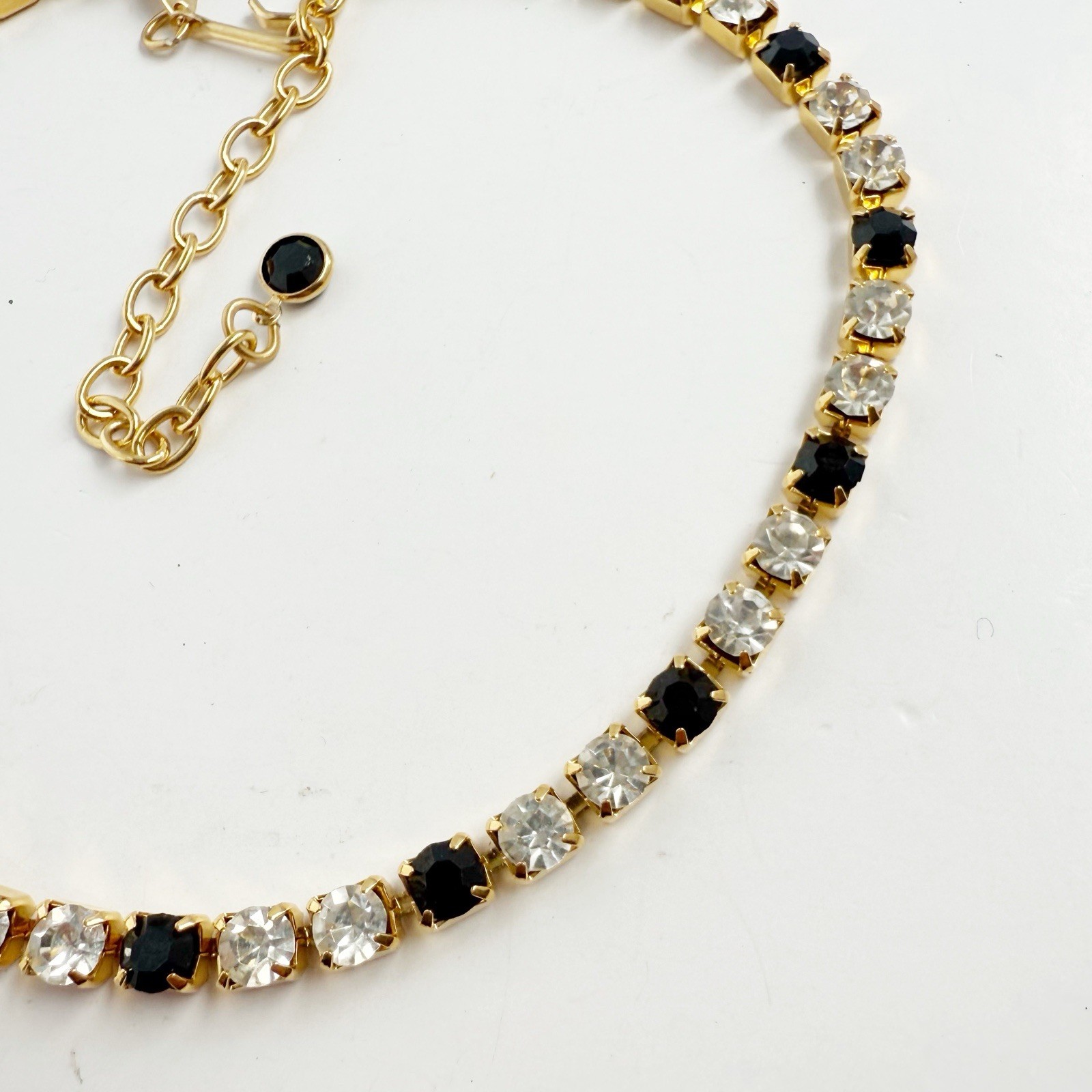 Vintage Trifari Black & Clear Rhinestone Tennis Choker Necklace Goldtone