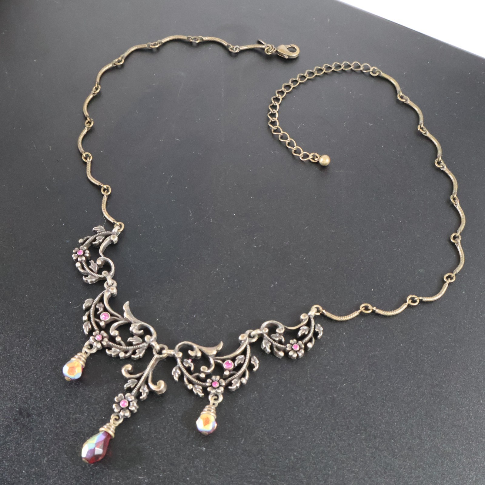 Vintage AVON Victorian Revival Floral Filigree Red AB Crystal Dangle Necklace