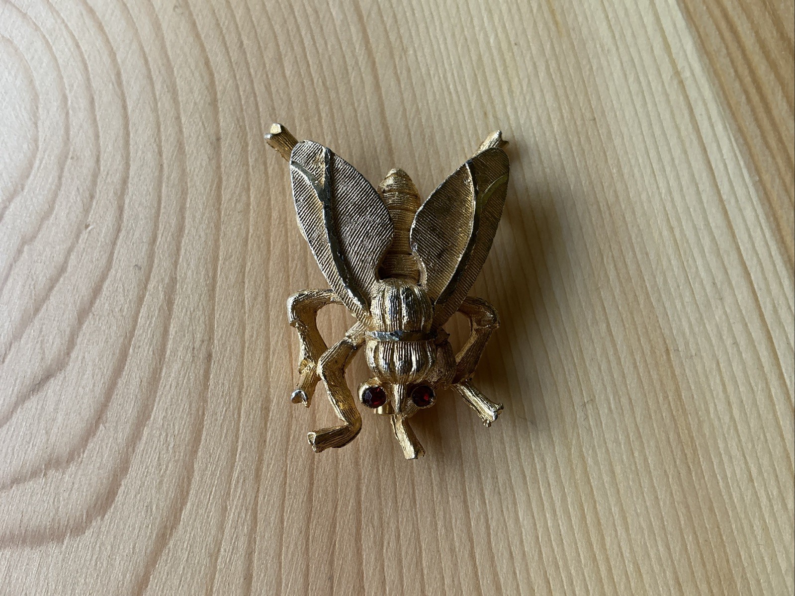 Vintage Fly Brooch Pin with Red Rhinestone Eyes Textured Gold Tone Medium Chunky