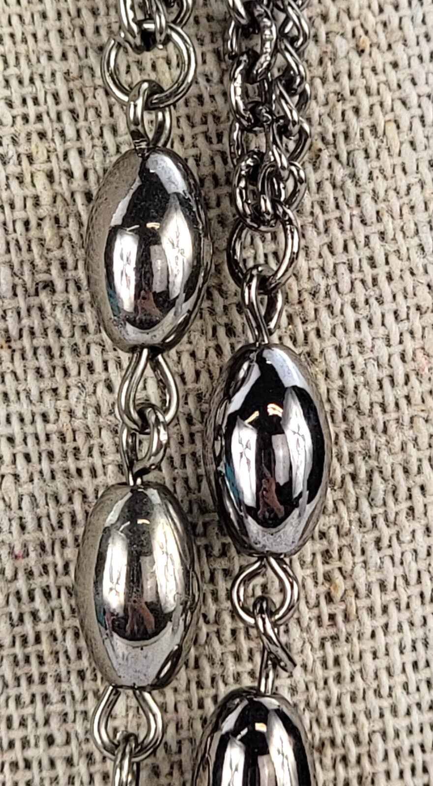 Vintage Silver-Tone Double Chain Oval Metal Bead Charm Station Necklace 54 in