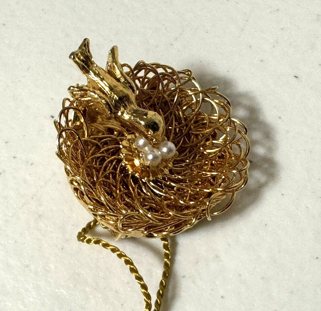 Vintage Gay Boyer New York Wired Gold Tone Faux Pearl Eggs Bird’s Nest Brooch