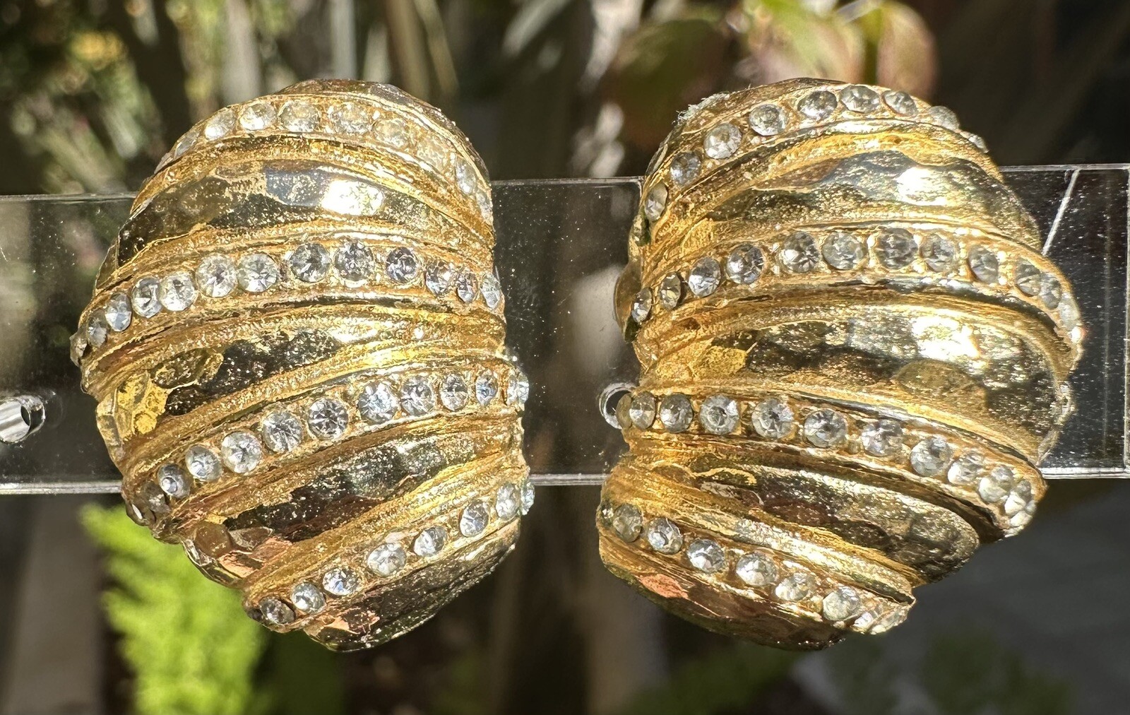 Vintage Signed Gay Boyer Goldtone Ribbed Rhinestone Clip On Earrings