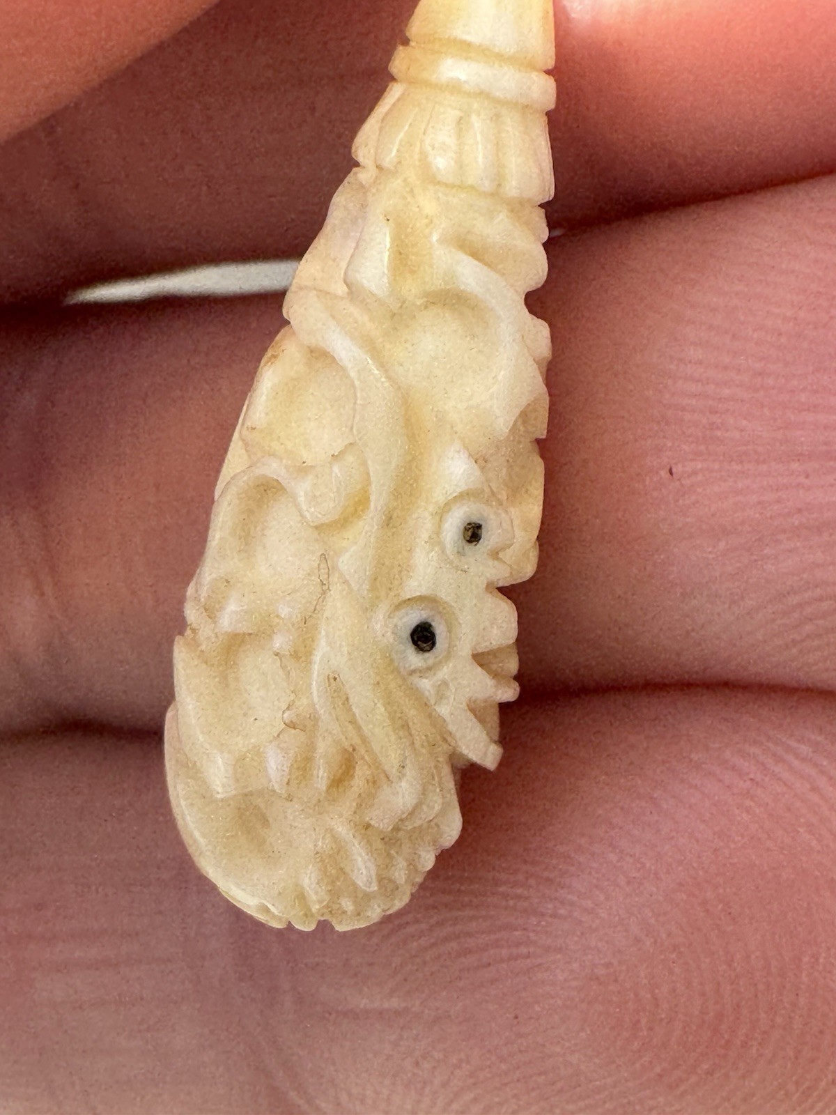 Vtg Carved Bone Dragon Earrings Butterscotch Amber Studs MidCentury Asian Export