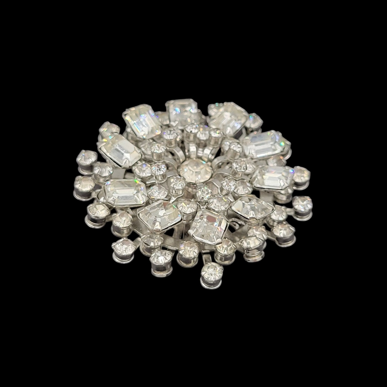 Vintage Clear Rhinestone Floral Cluster Brooch Layered Mid Century Statement