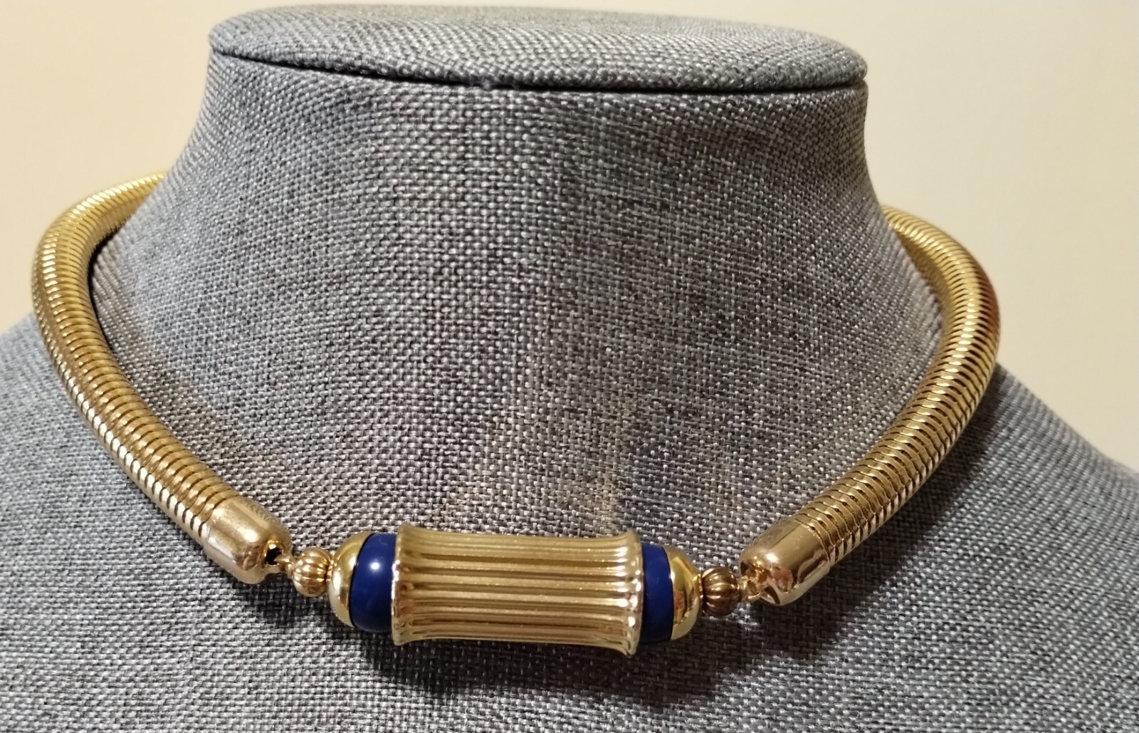 Gay Boyer Goldtone Snake Necklace with a Barrel Center Blue Enamel Ends #278