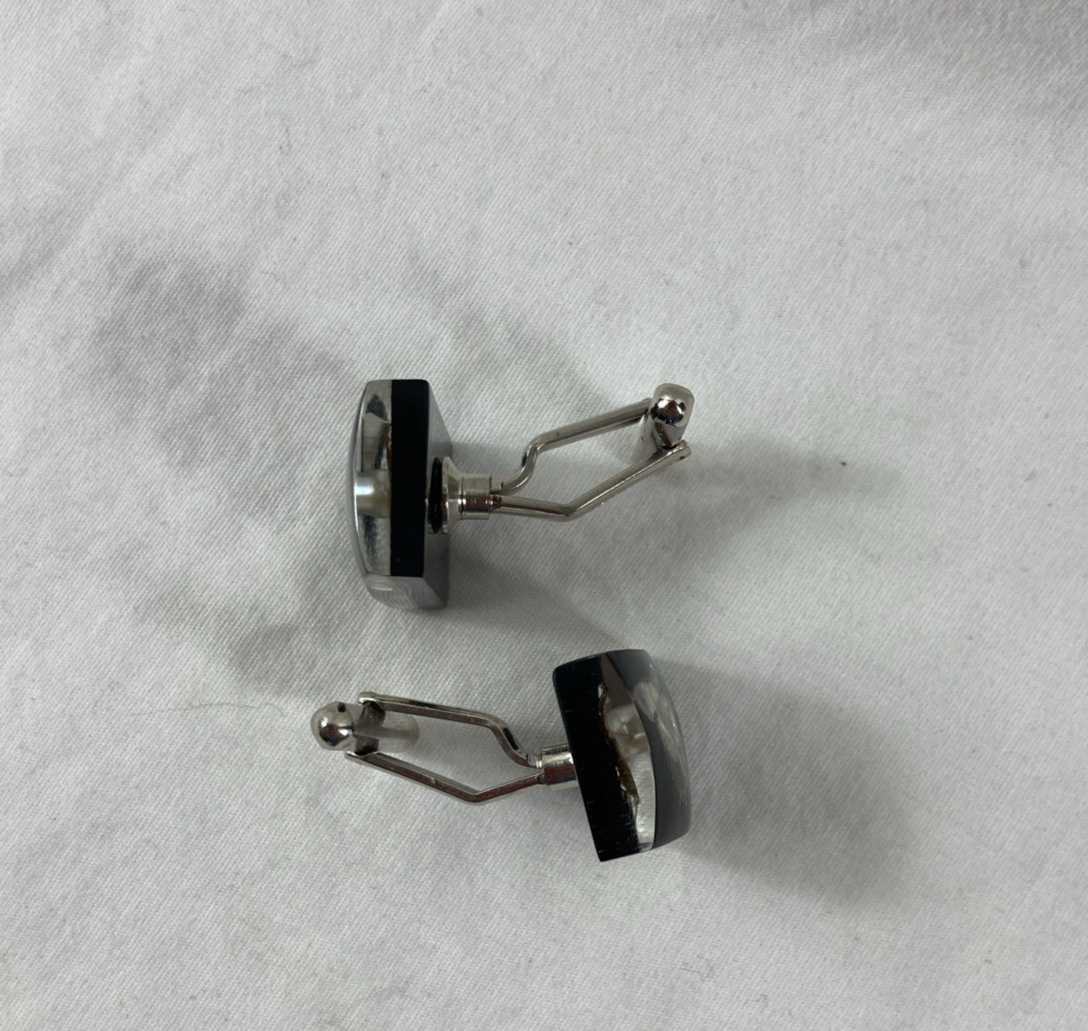 VTG Tie Clip Cuff Links Set Oyster Shell Pearl Inlay Black Resin Rectangle Japan