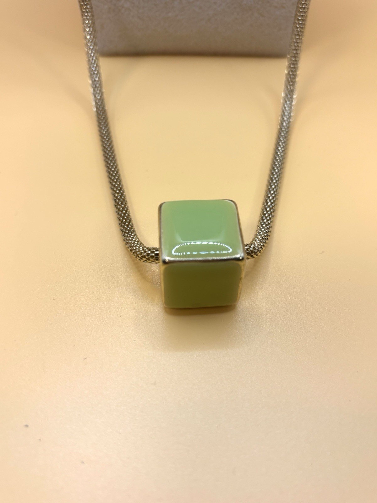 Vintage Modernist MCM Gold Tone Mesh Chain Lime Green Enamel Cube Necklace 32”