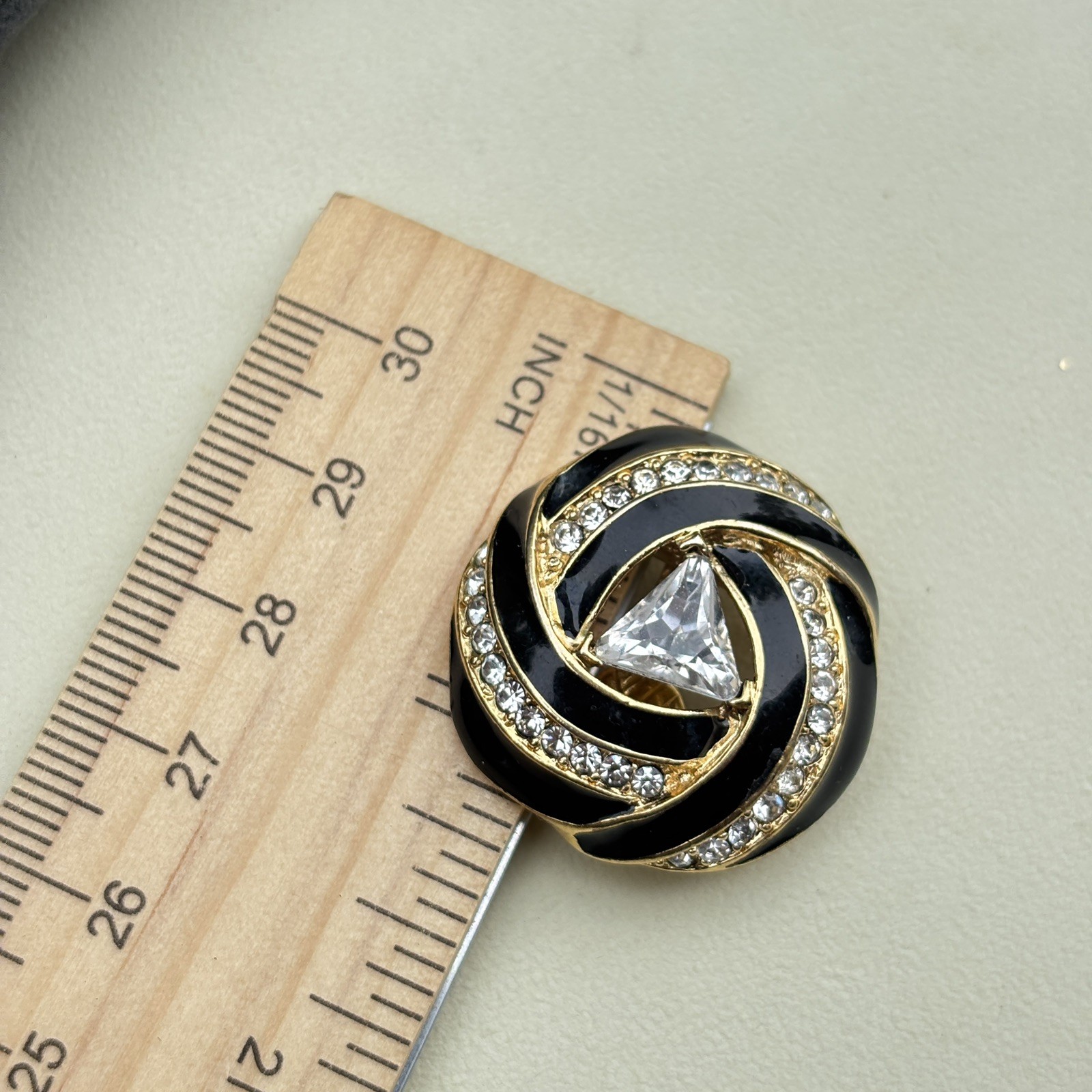 Vintage Trifari Trillion Cut Clear Rhinestones Black Enamel Earrings Gold Tone