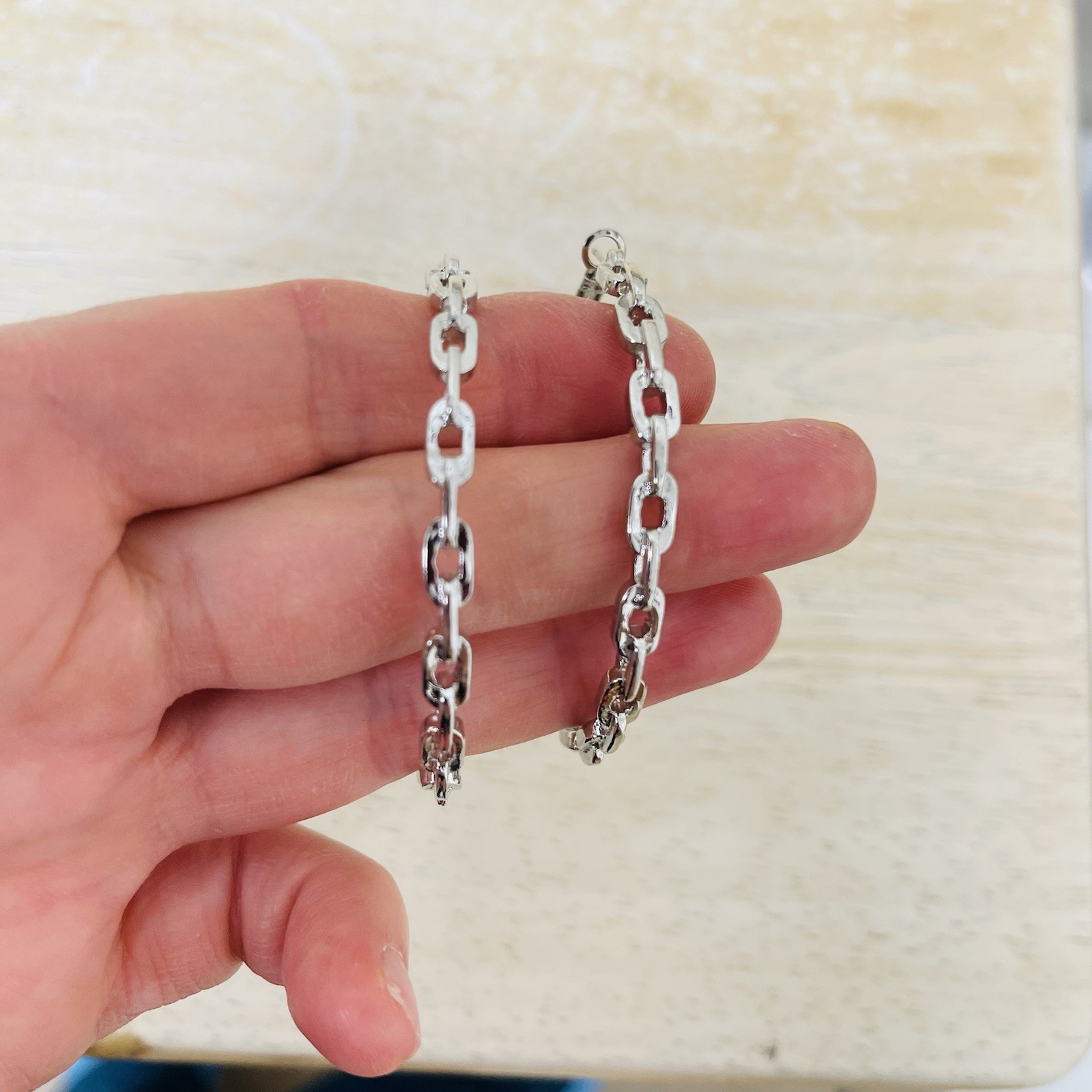 Large Silver Tone Anchor Mariner Link Hoop Earrings 2.25” VTG Minimalist Mod