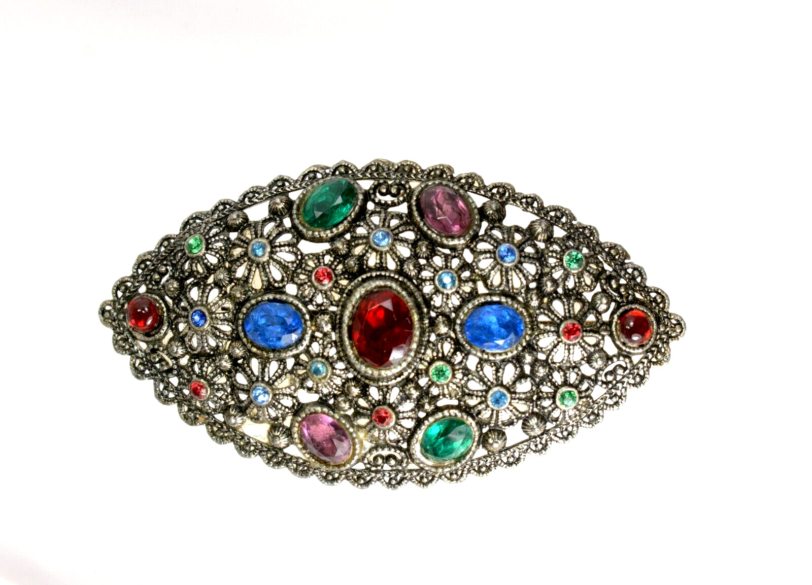 New England Glass Works Brooch Pin Czech Glass Rhinestones, Floral Art Nouveau 1