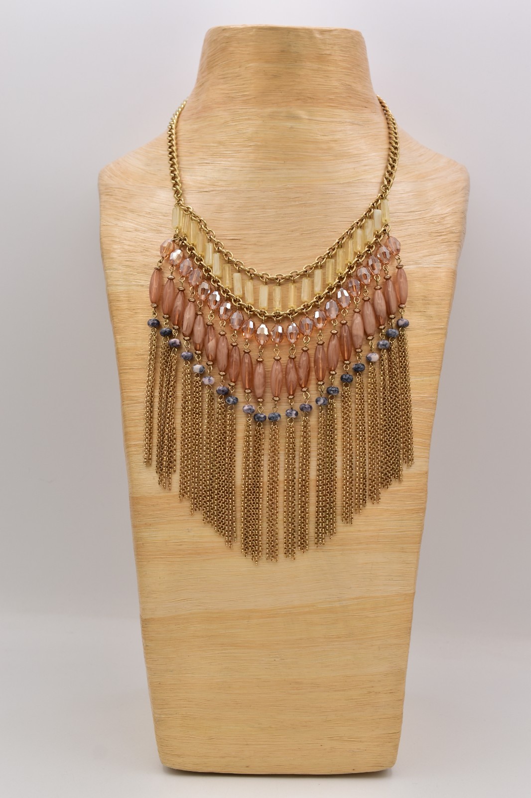 Vintage Fringe Statement Necklace Gold Peach Glass Beads Layered Boho Y2K BinBL