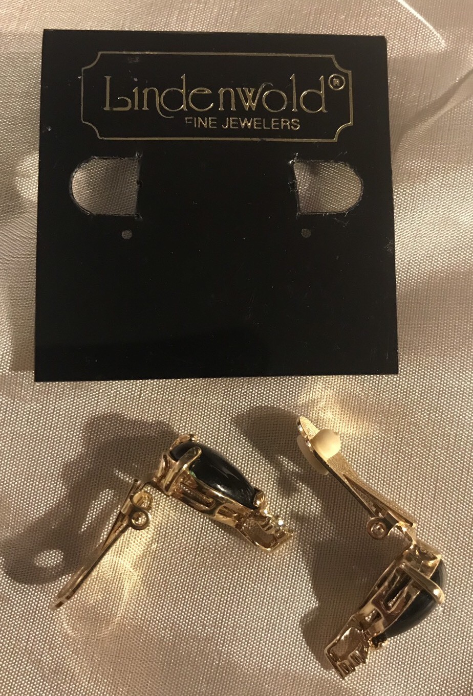 Lindenwold Pear Shape Black Onyx & Swarovski Crystal Clip-on Earrings 14k HGE