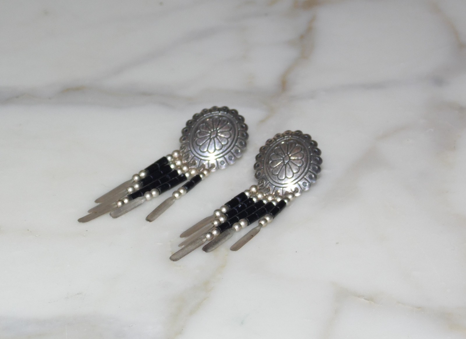 Vintage Carolyn Pollack Q.T. Sterling Silver 925 Onyx Dangle Southwest Earrings