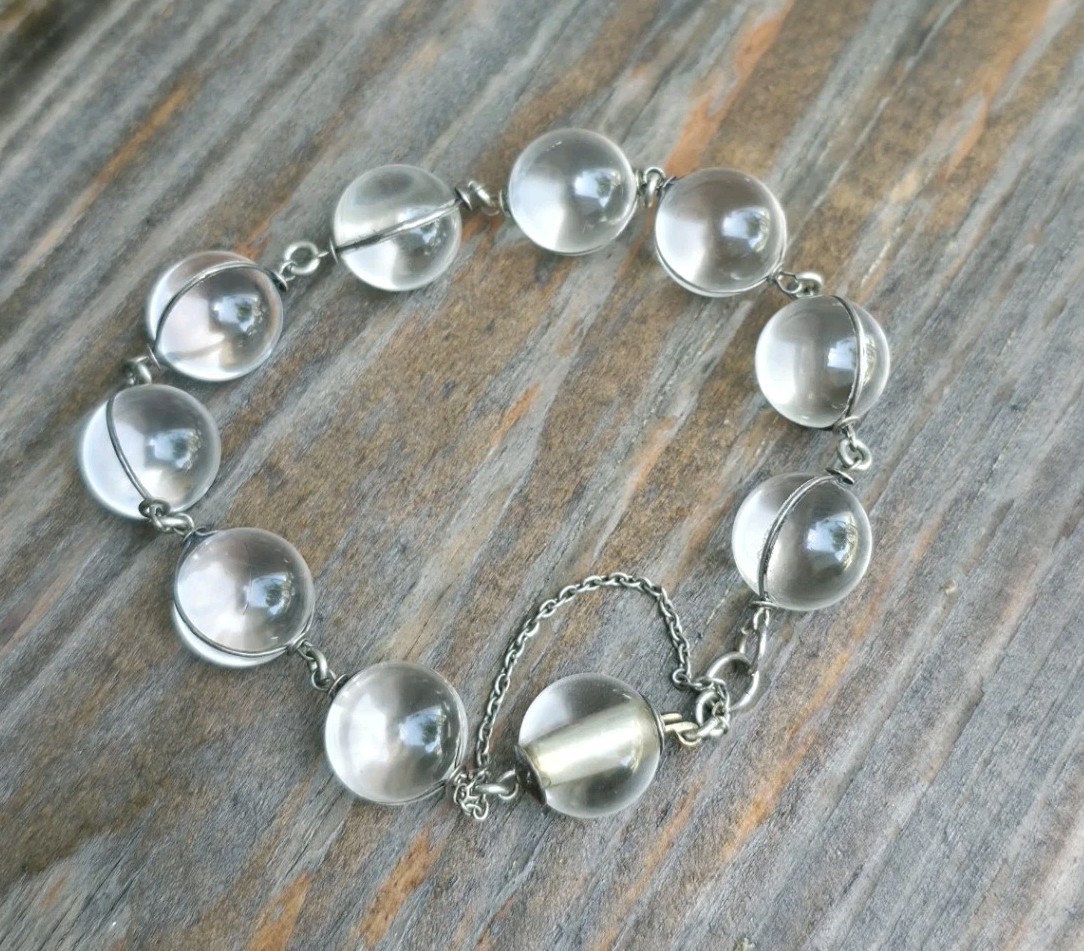 Antique Art Deco Pools of Light Sterling Silver Rock Crystal Quartz Orb Bracelet