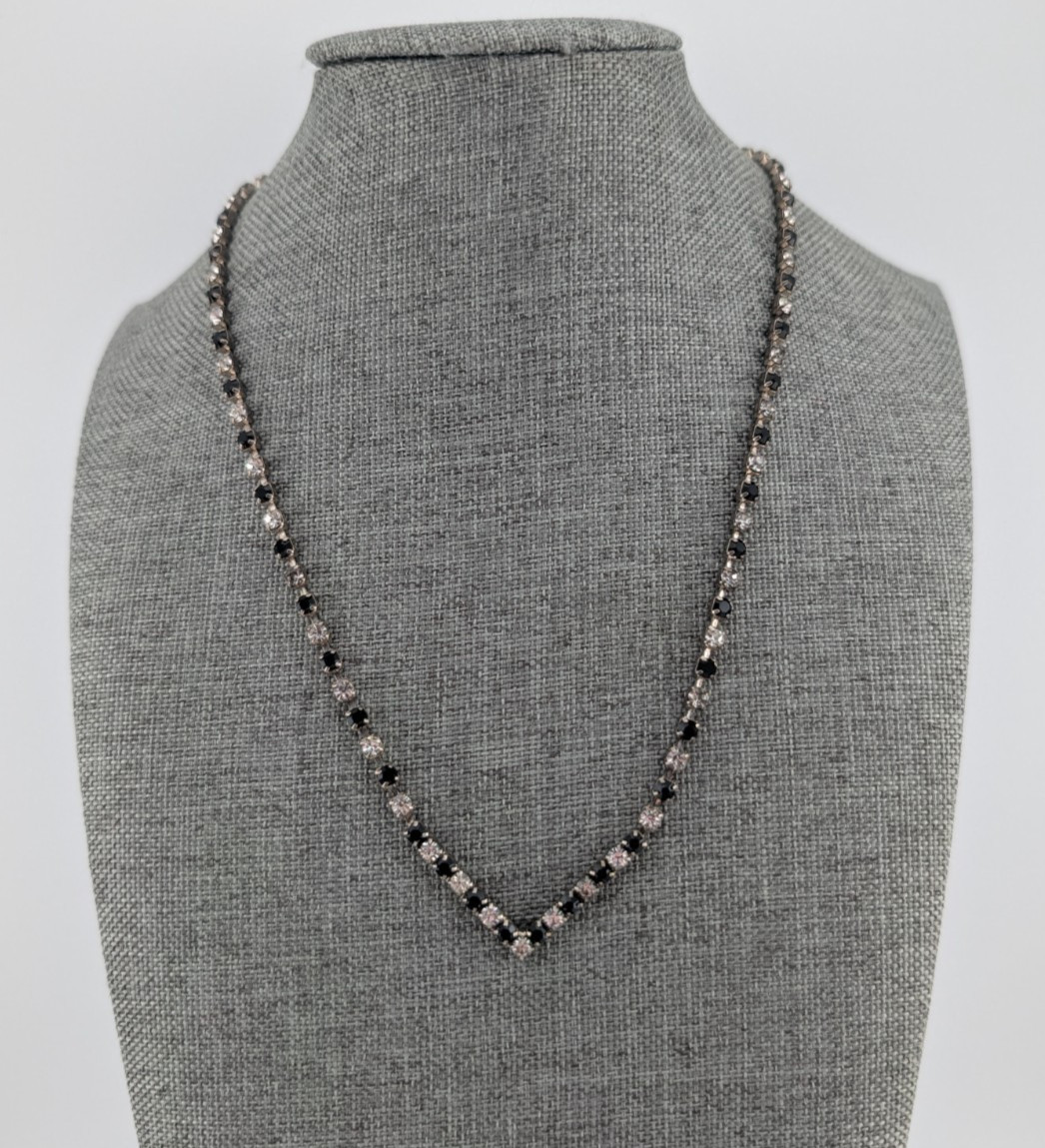 Vintage Silver Tone White & Black Glass Rhinestone V Point Necklace