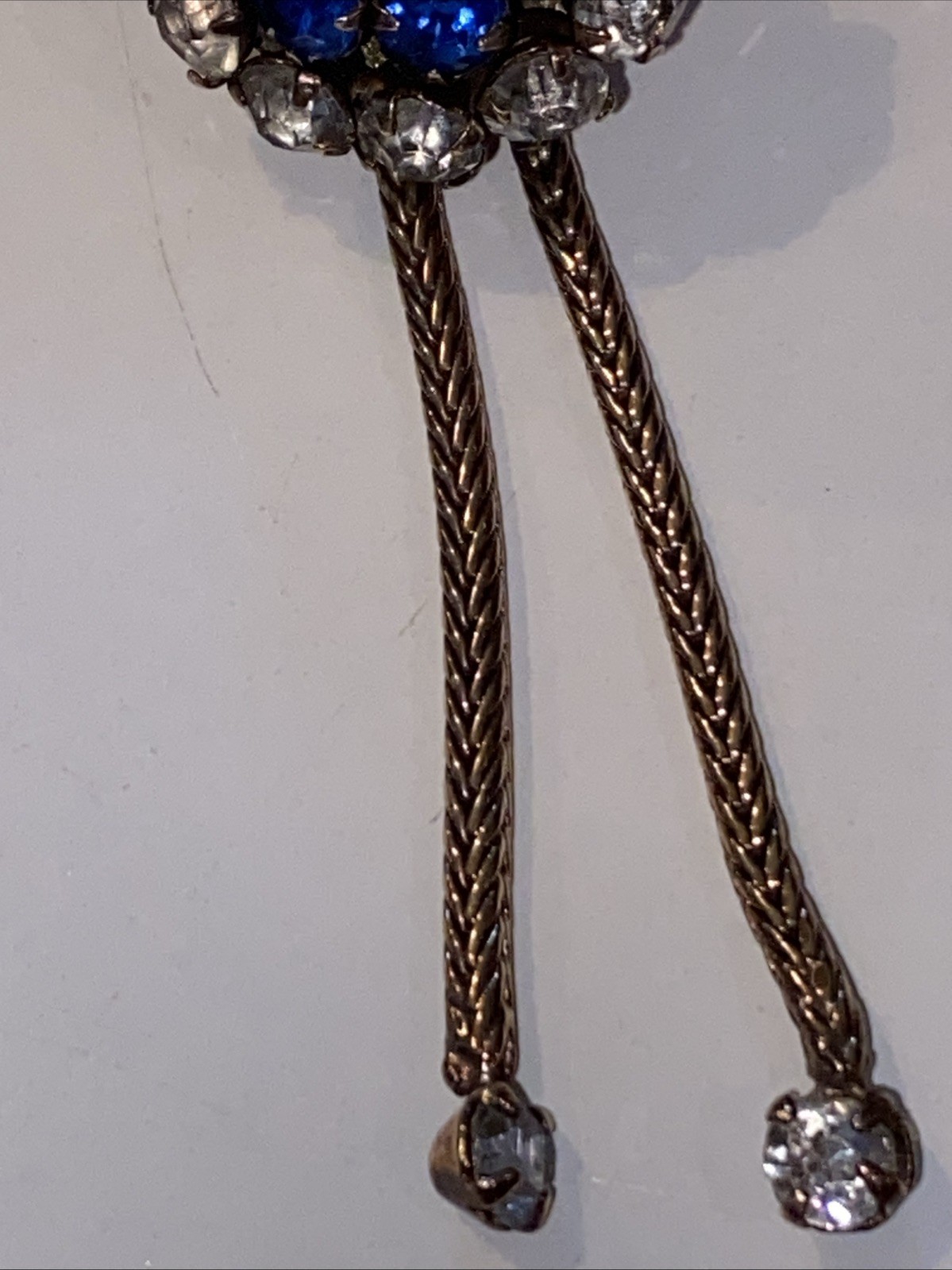 ANTIQUE VINTAGE SAPPHIRE CLEAR PASTE STONES BOLO FIX TAIL CHAIN NECKLACE 19 3/4”