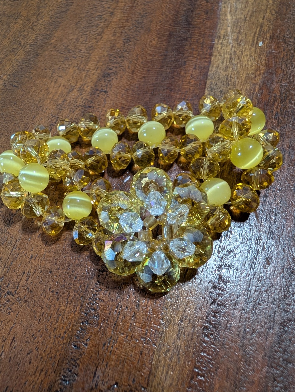 Handmade Yellow Crystal Beaded Stretch Bracelet Cat’s Eye Floral Statement Brace