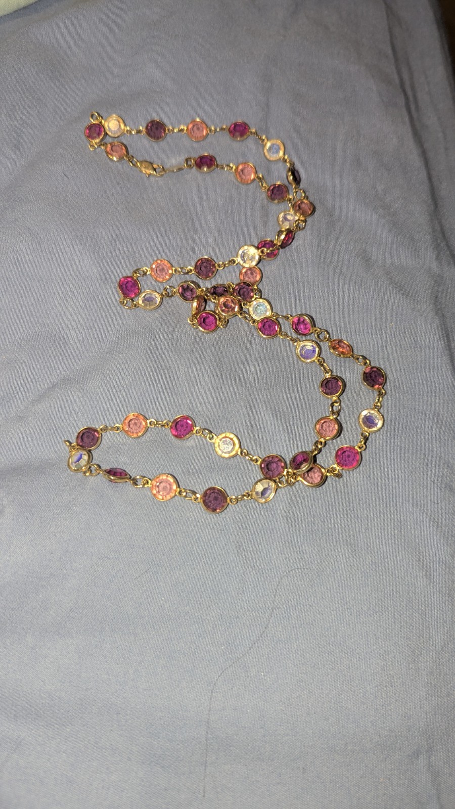 Vtg Swarovski Austrian Crystal USA Bezel Set Pink Fushia Amethyst 34″ Necklace