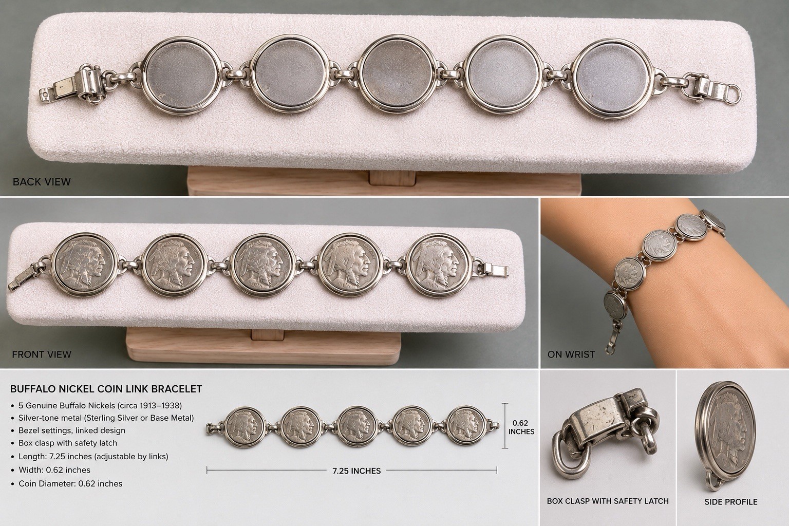 Vintage Indian Head Buffalo Nickel Coin Link Bracelet Silver Tone USA
