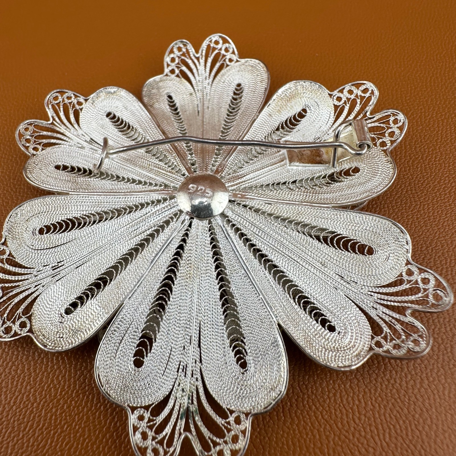 Vintage Sterling Silver Flower Brooch Pin Cannetille Filigree Floral 925 Signed