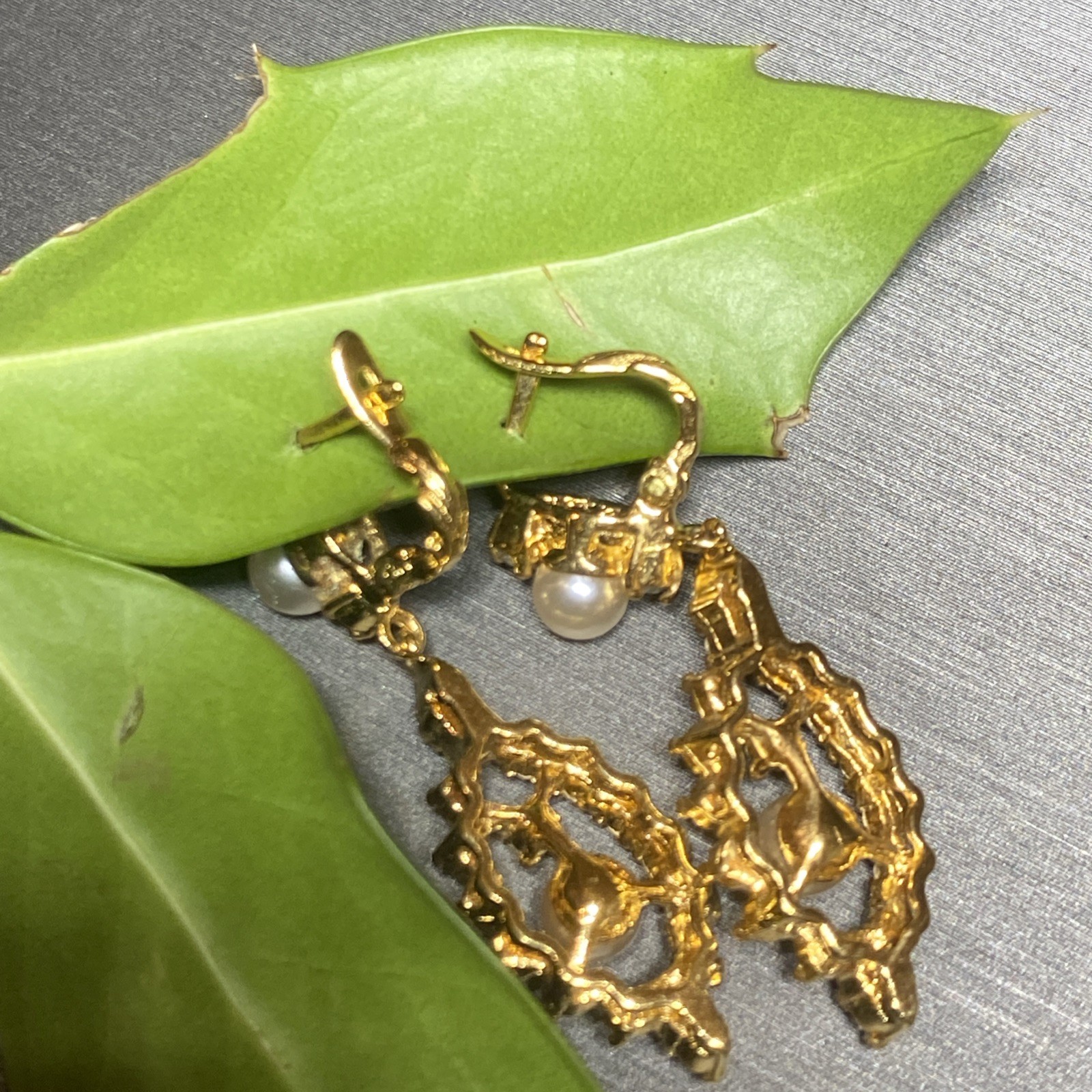 Vintage Pearl Earrings Estate Jewelry Pre-owned Gold Plated Crystal Lozenge Drop