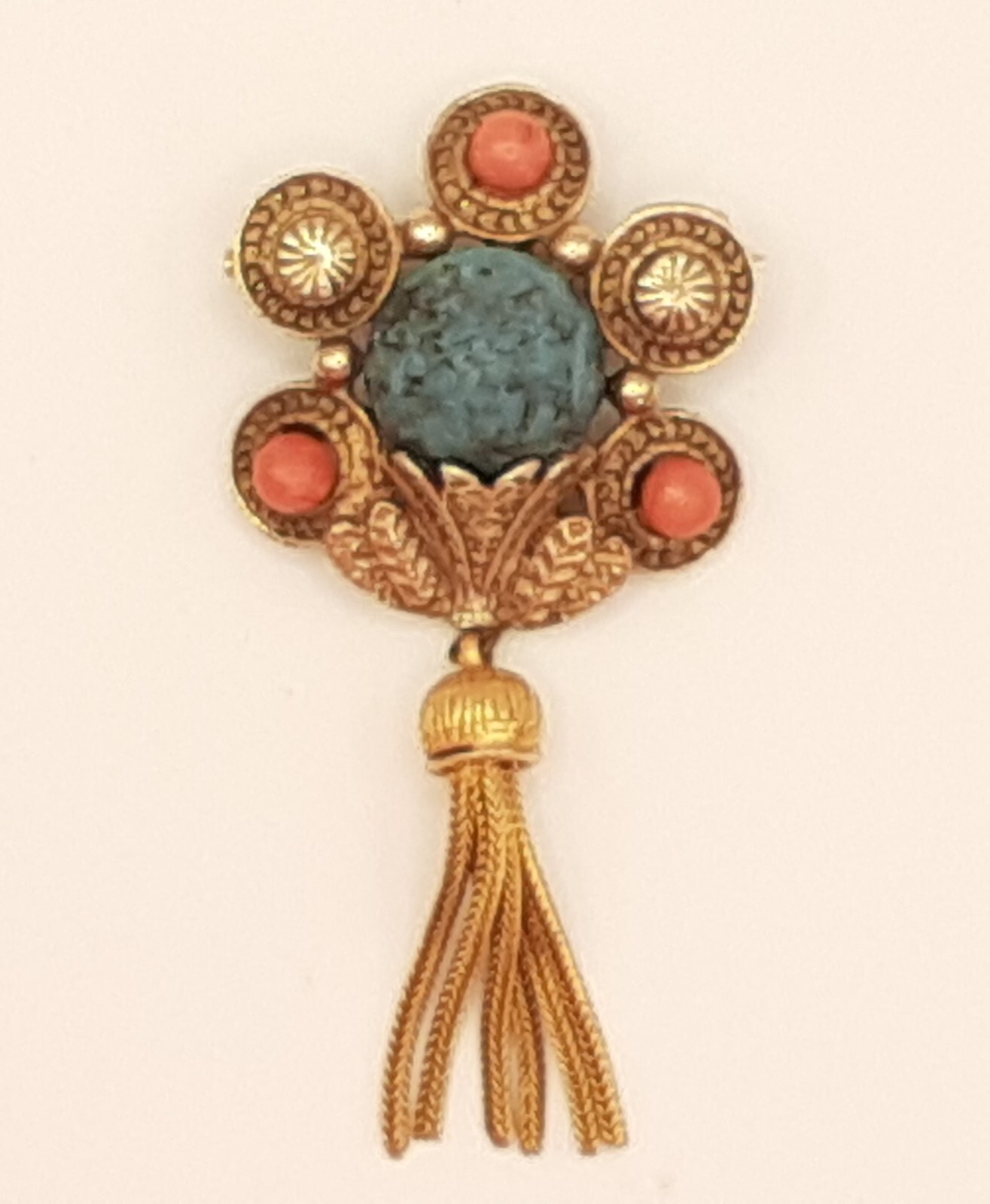 Vntg Boho Style Brooch Faux Turquoise & Coral