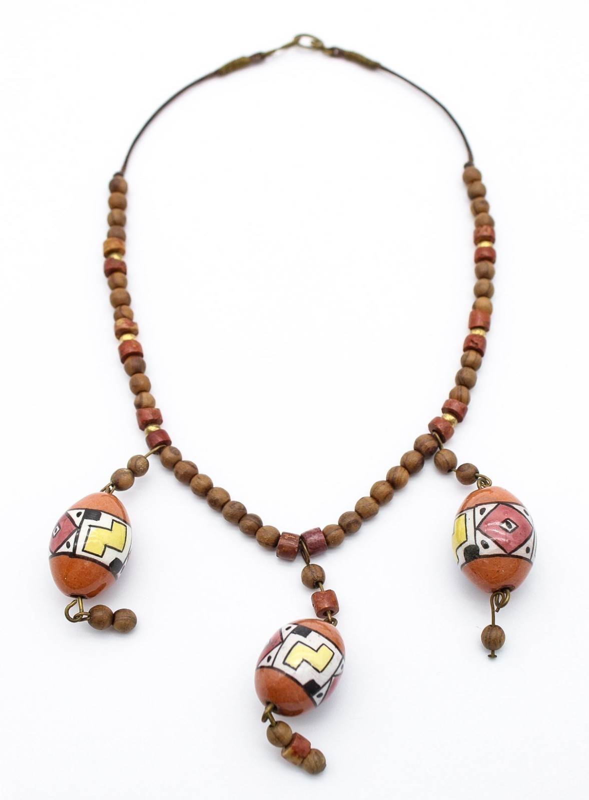 Vintage Tribal Style Hand Painted Ceramic & Wood Bead Statement Necklace
