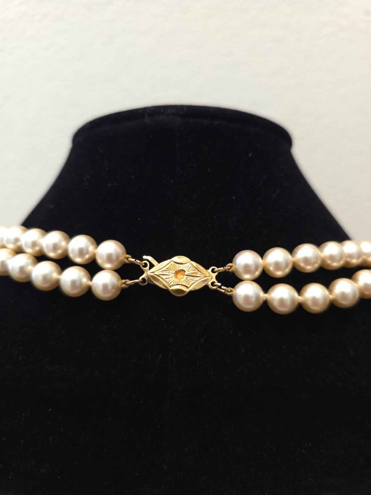 Vintage Double-Strand Ivory Faux Pearl 18″ Necklace With Ornate Gold-Tone Clasp
