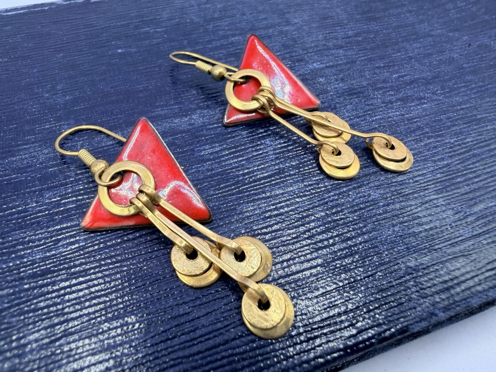 Vintage Artisan Geometric Open Circles Gold Red Triangle Earrings 1980s DbG M