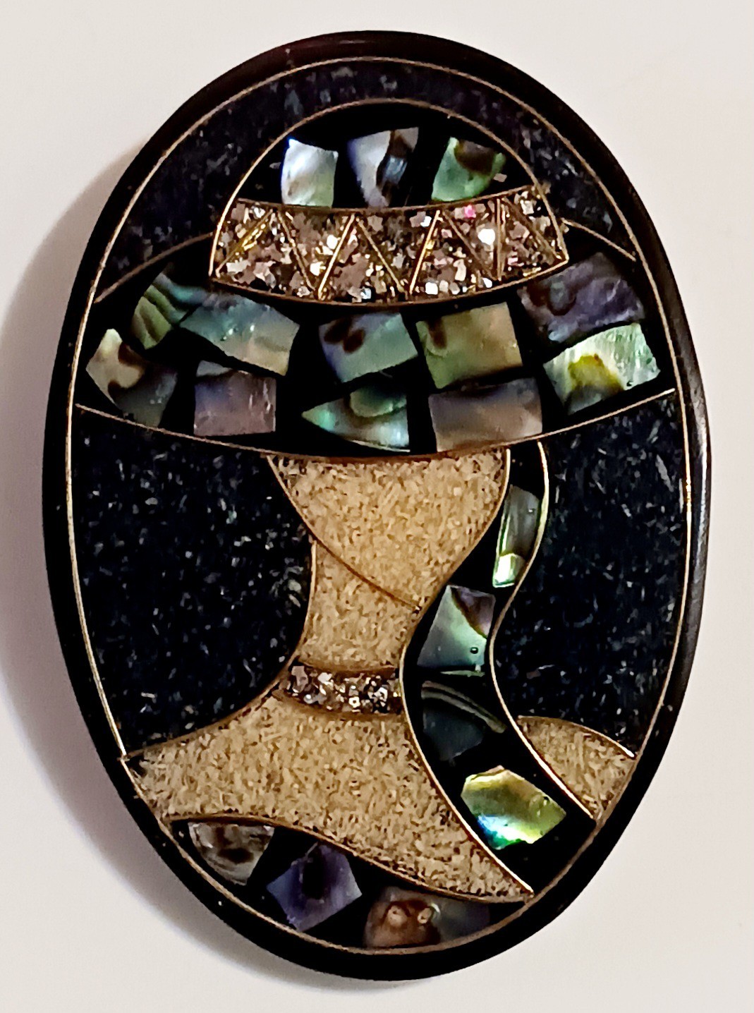 Paua Shell Woman in Hat Art Deco Vintage Pin