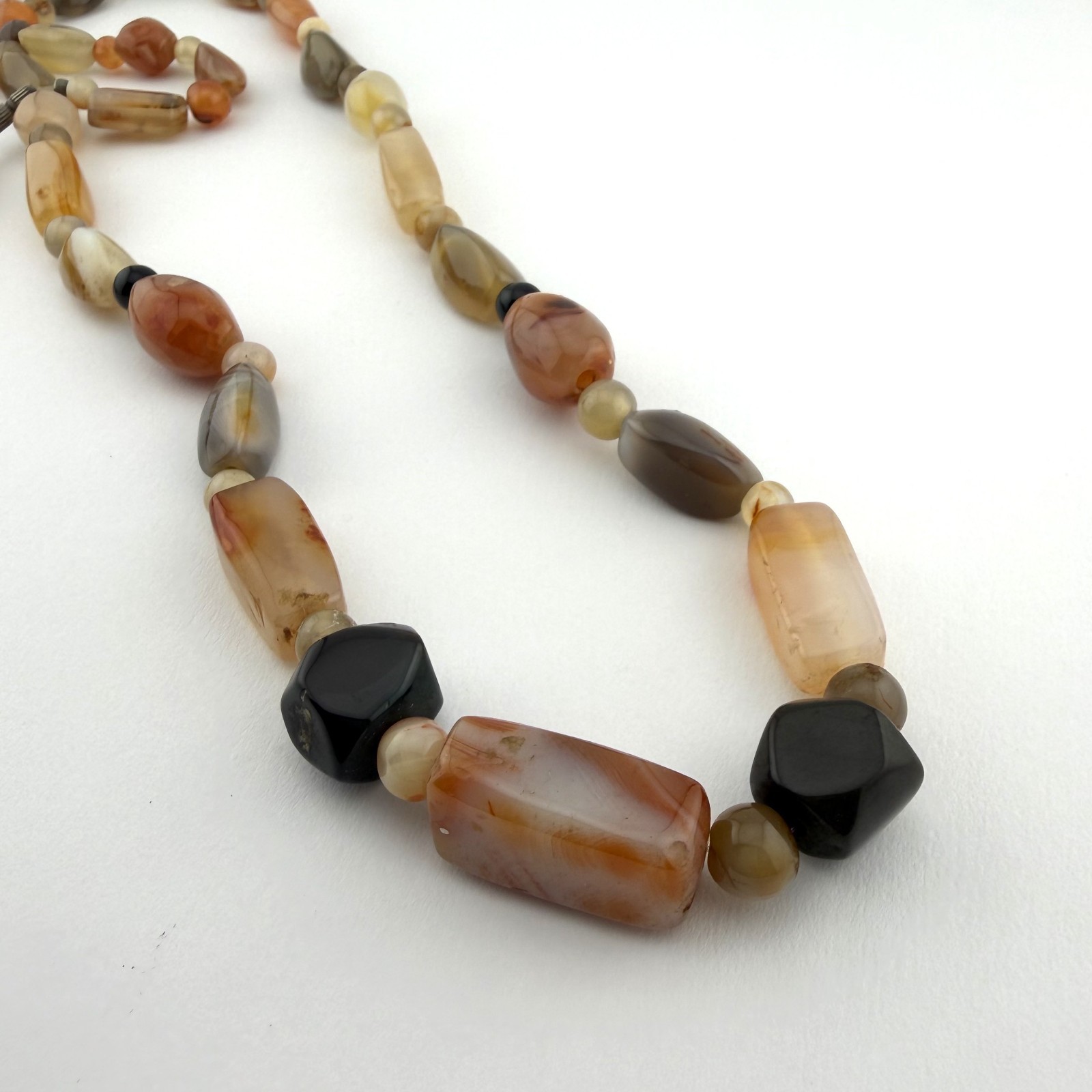 Vintage Beggar Beads Mixed Banded Agate Carnelian Stone Necklace Earthy Boho 17″