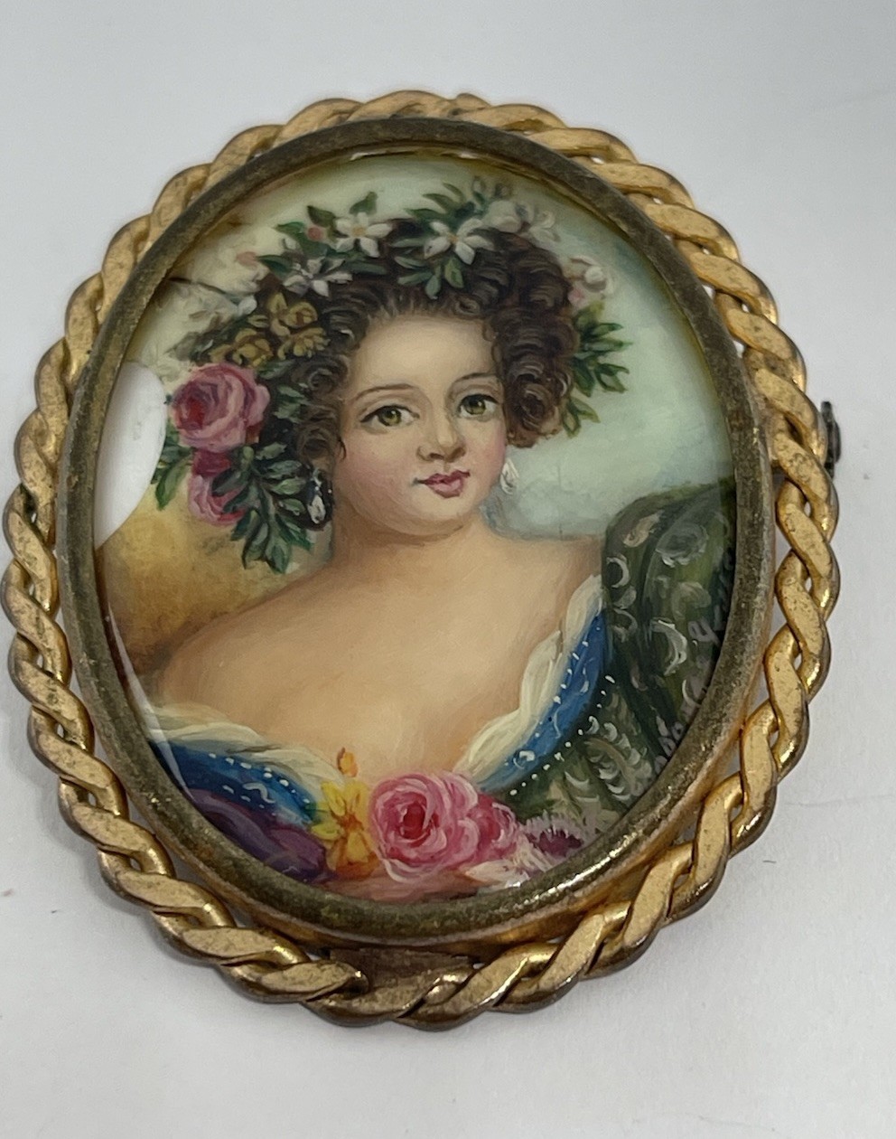 Vintage Gorgeous Hand Painted Lady Portrait on Mother of Pearl Signed Brooch