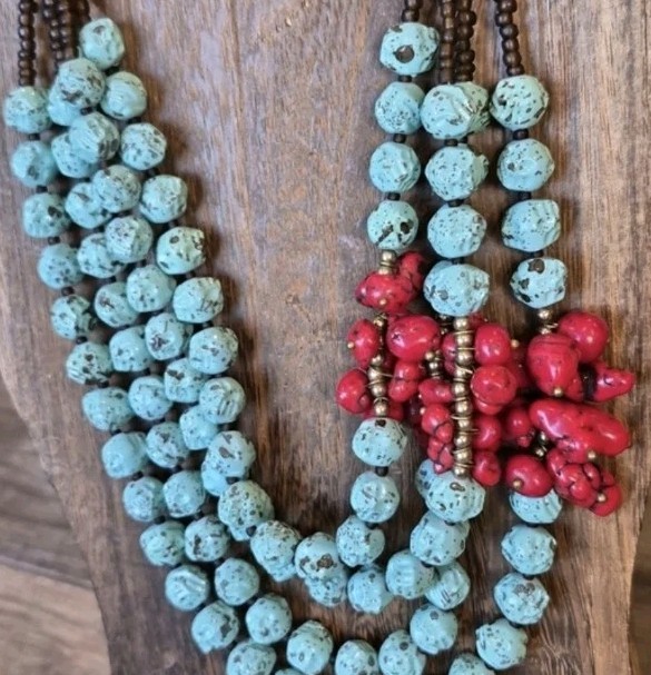 Vtg Handcrafted Turquoise Red Coral Chunky Four Strand Beaded Statement Necklace