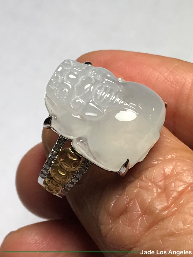 Pi Xiu Pixiu Icy Jadeite Jade 18K White/Rose Gold Diamond Ring 45ct Size:7.5