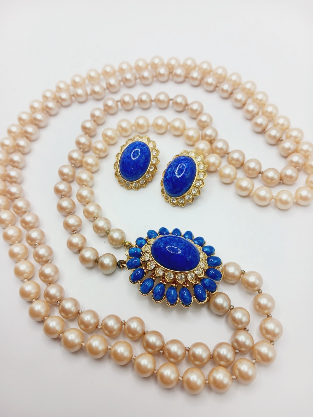 Vintage Set faux Lapis Lazuli mottled Glass Necklace pearl dome cabochon mogul