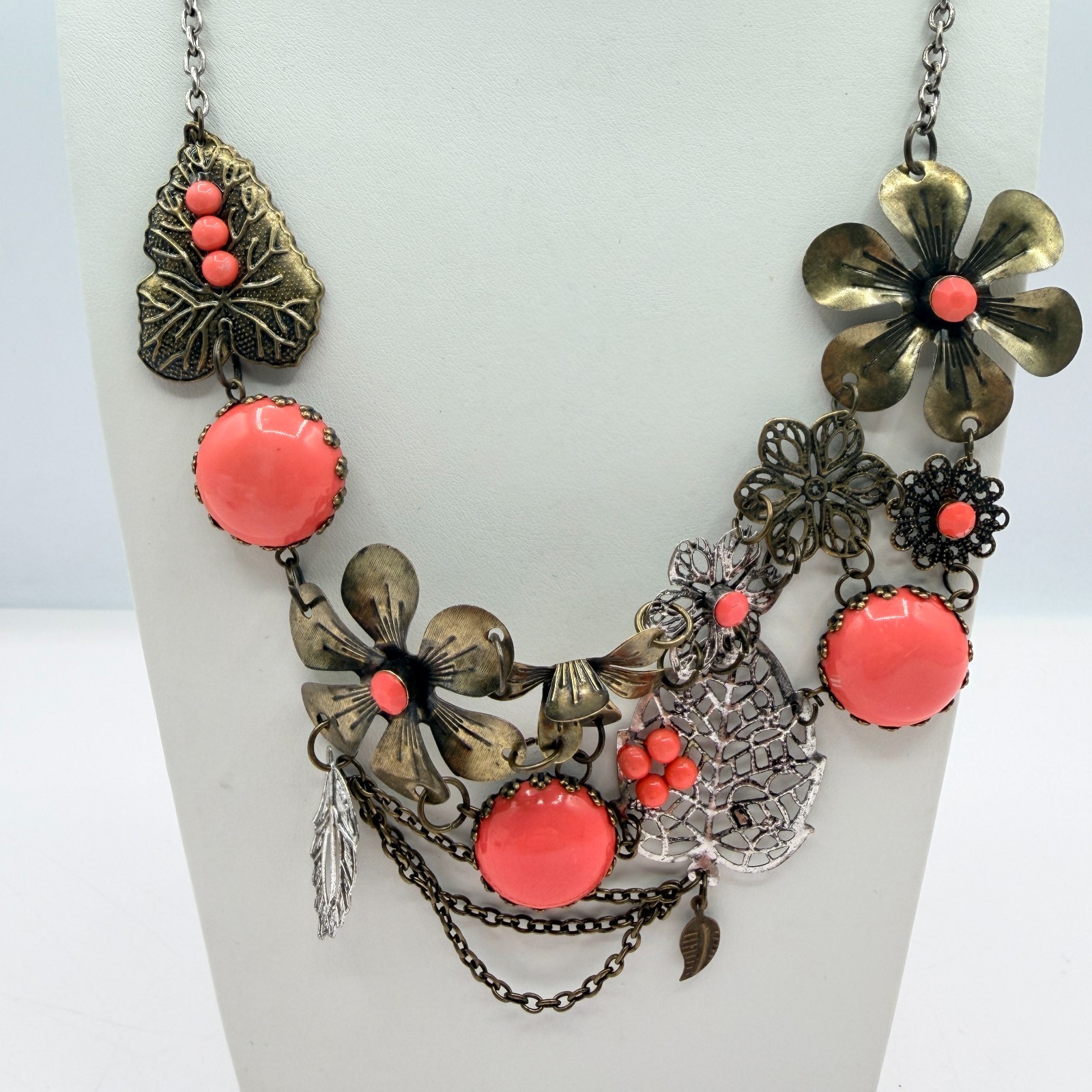 Vintage Bronze Tone Floral Bib Necklace Statement Orange Faux Coral Bead Boho