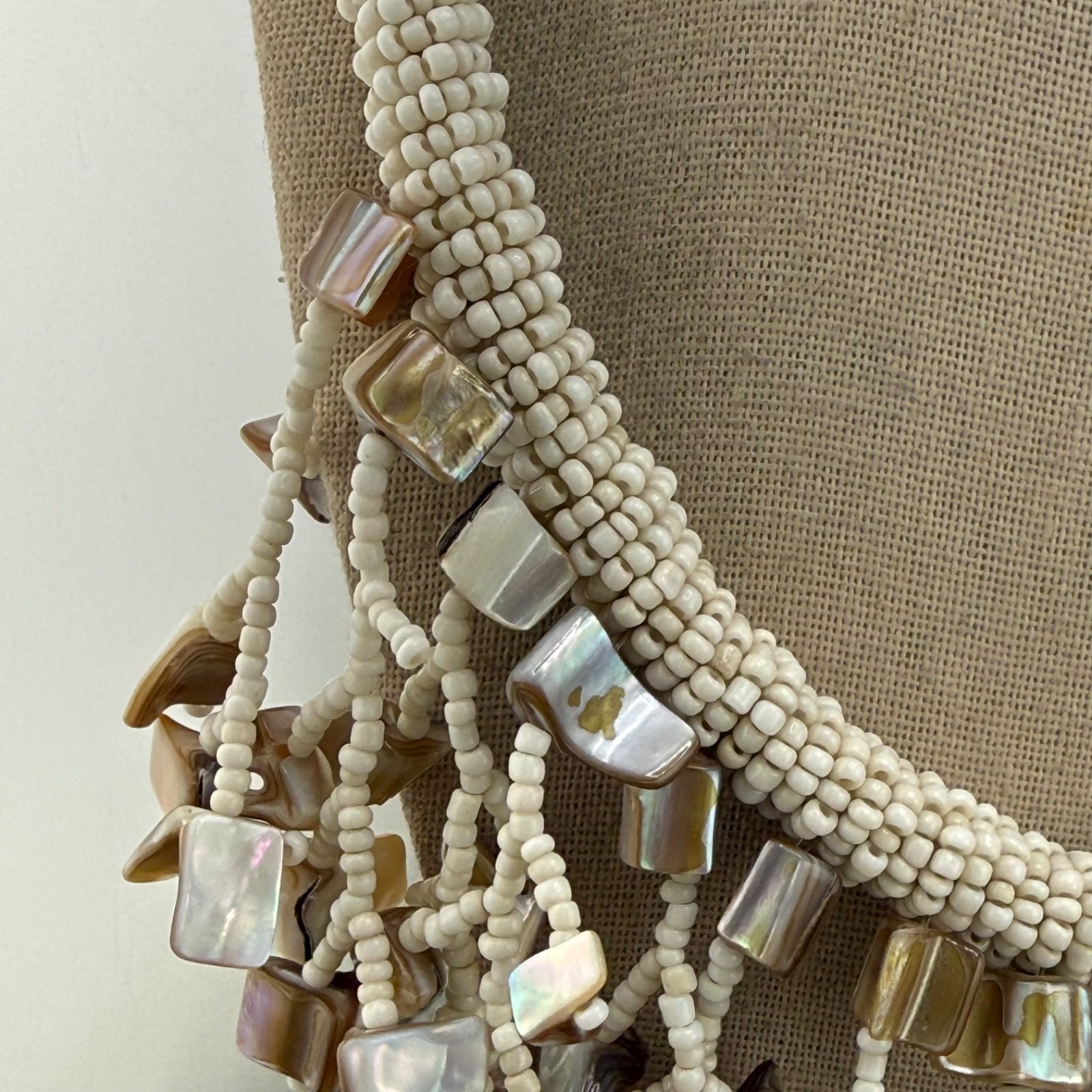 Vintage Beaded Bib Necklace Abalone Fringe 19”