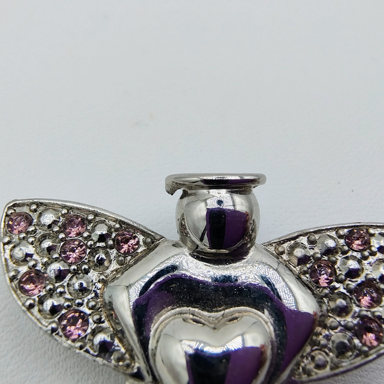 Vintage Angel Holding Heart Brooch Silver Tone Pink Rhinestone Guardian