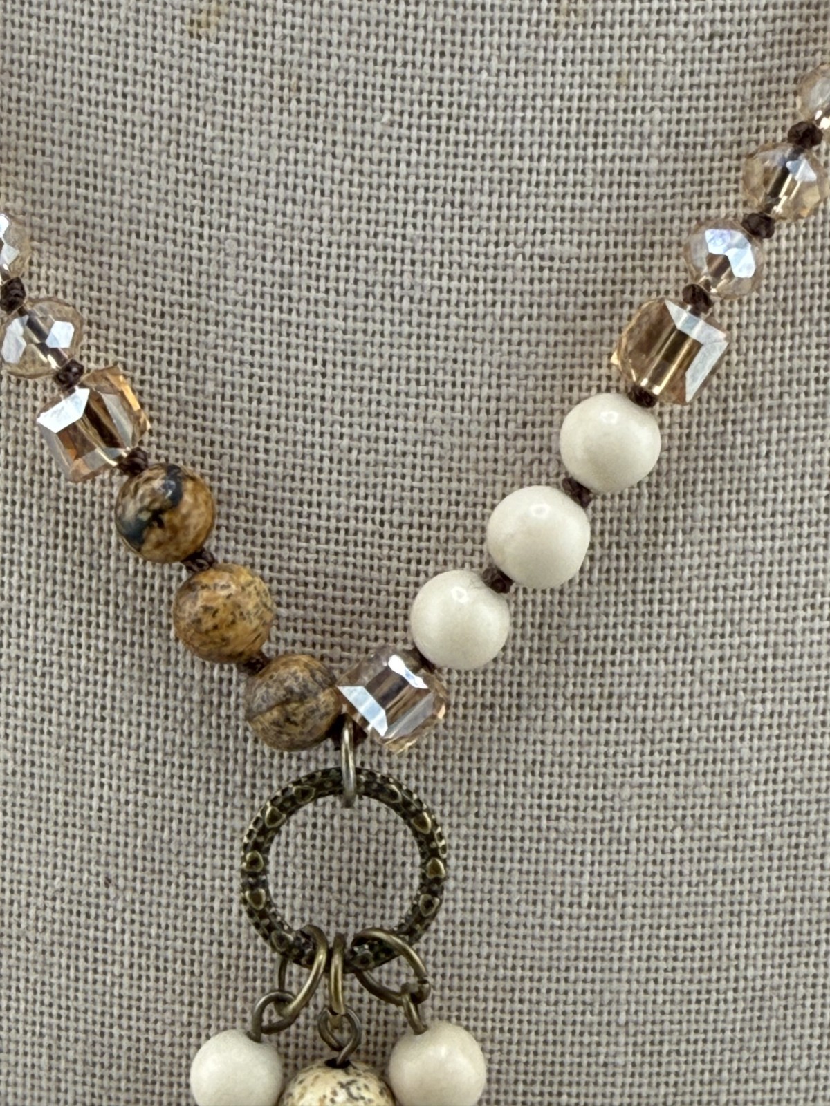Bohemian Necklace Brown White Beads Carved Pendant Gold Tone 32″