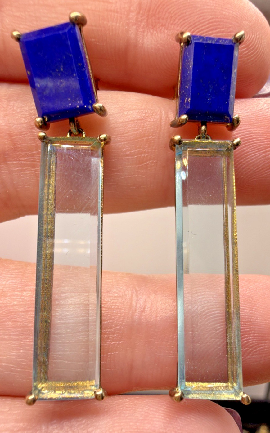 Vintage Sterling Silver w/ Gold Wash, Lapis, and Blue Glass Dangle Earrings