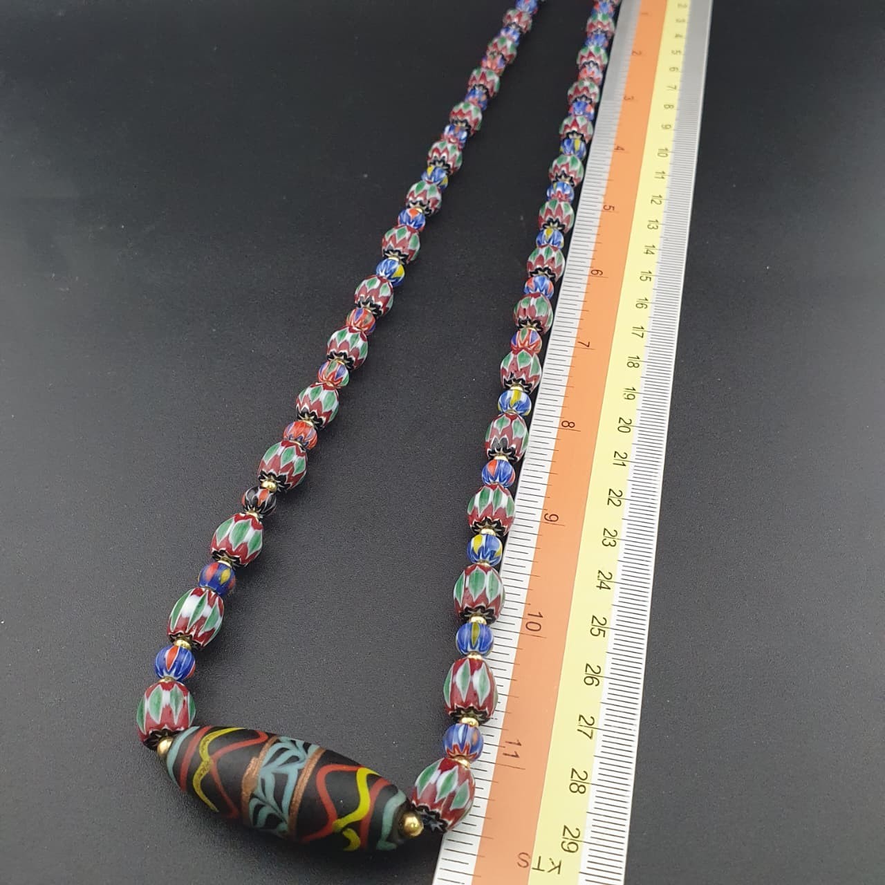 Vintage Venetian Style Multicolor Chevron Glass Beaded Necklace | 24in 8.7–39mm