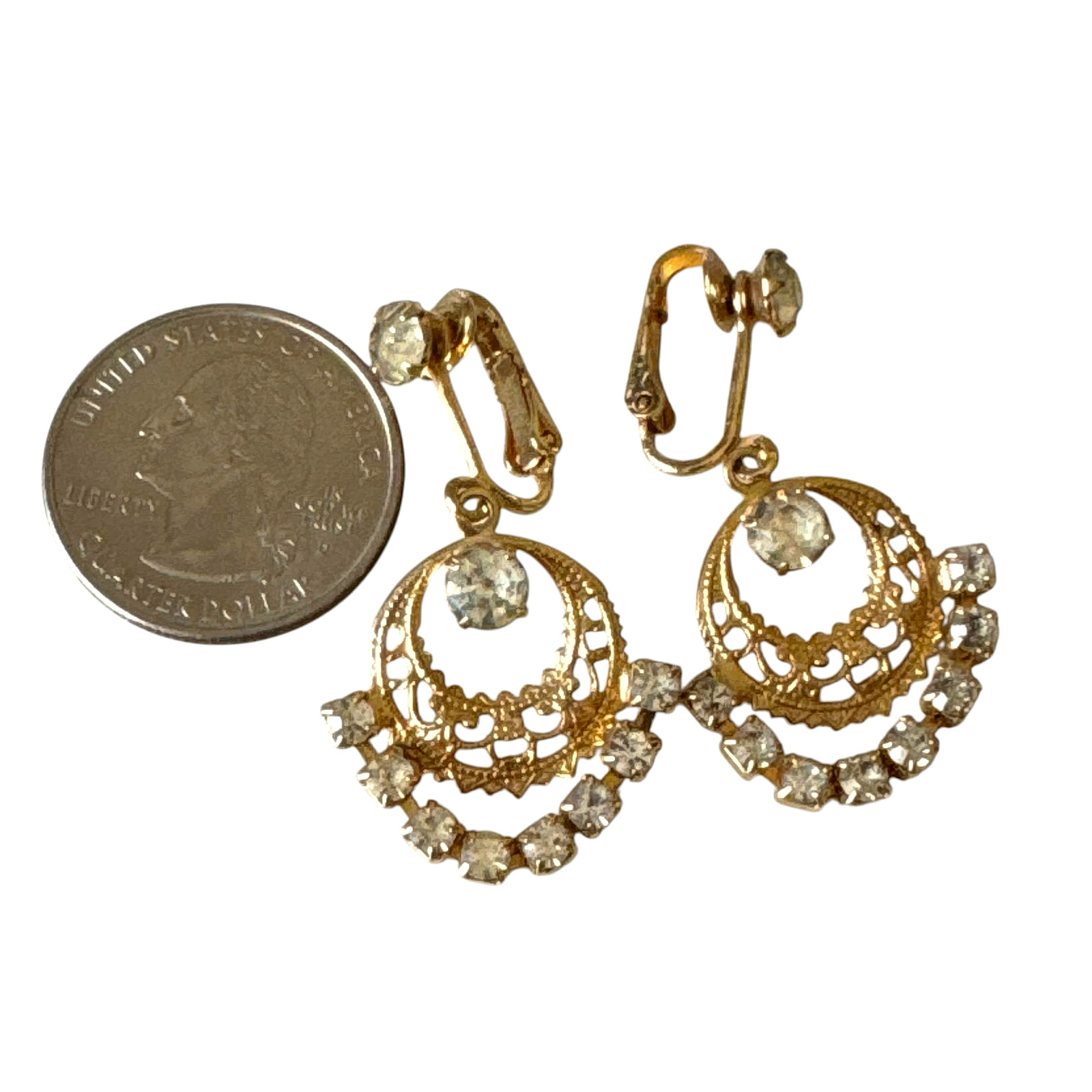 Vtg Sarah Coventry Drop / Dangle Prong Set Rhinestone Clip on Earrings Gold Tone