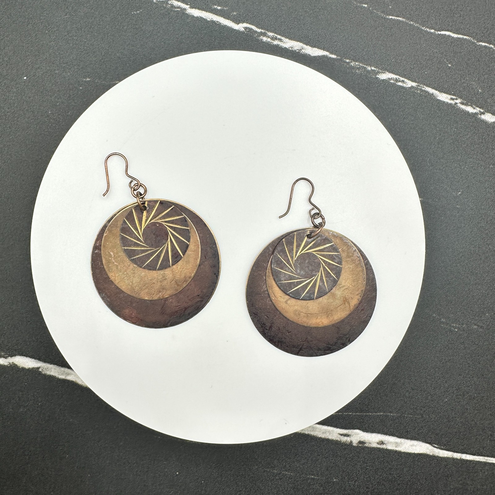 Vintage Brown Copper Layered Eyes shape Disks Dangle Earrings with 3 Disks 2 in