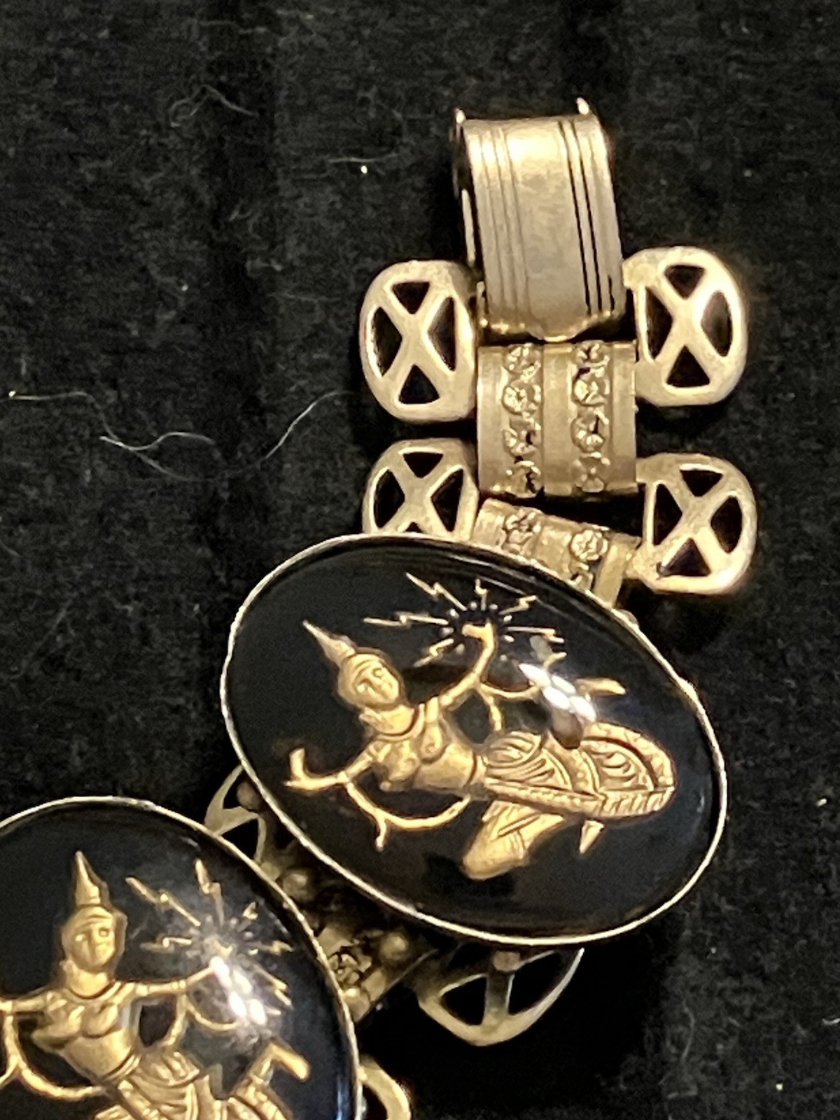 Vintage Siam/Thailand Golden Goddess Black Lucite Link Bracelet & Earrings