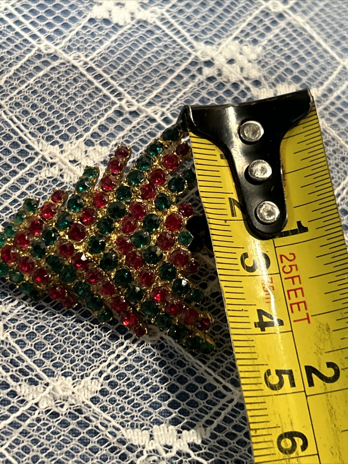 Vintage Gold Tone Red~Green Rhinestone Christmas Tree Pin~Brooch