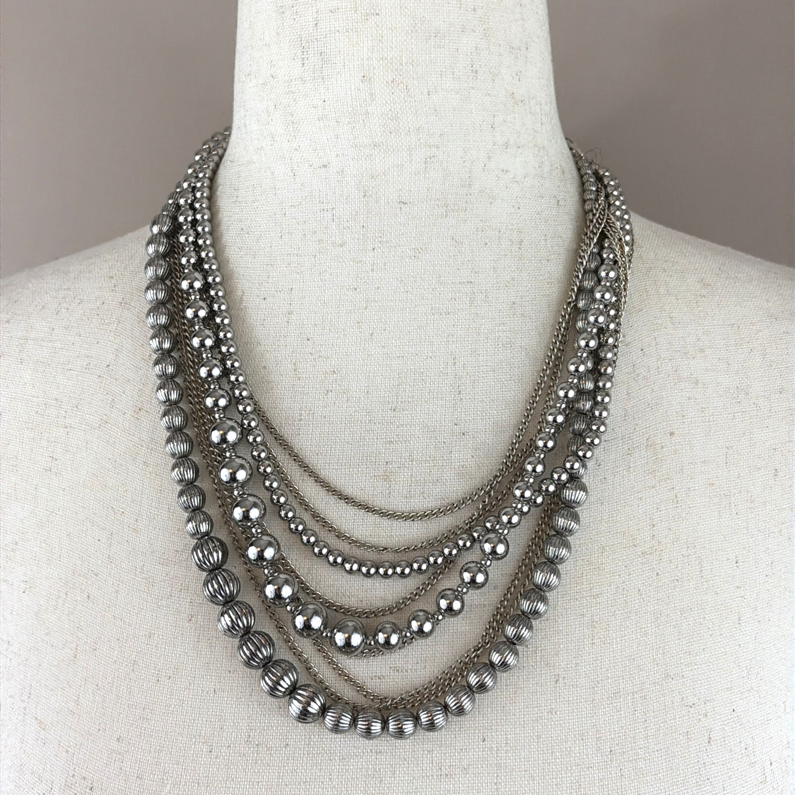 Premiere Designs Brutalist Style Silver Bead & Multi-Chain Statement Necklace
