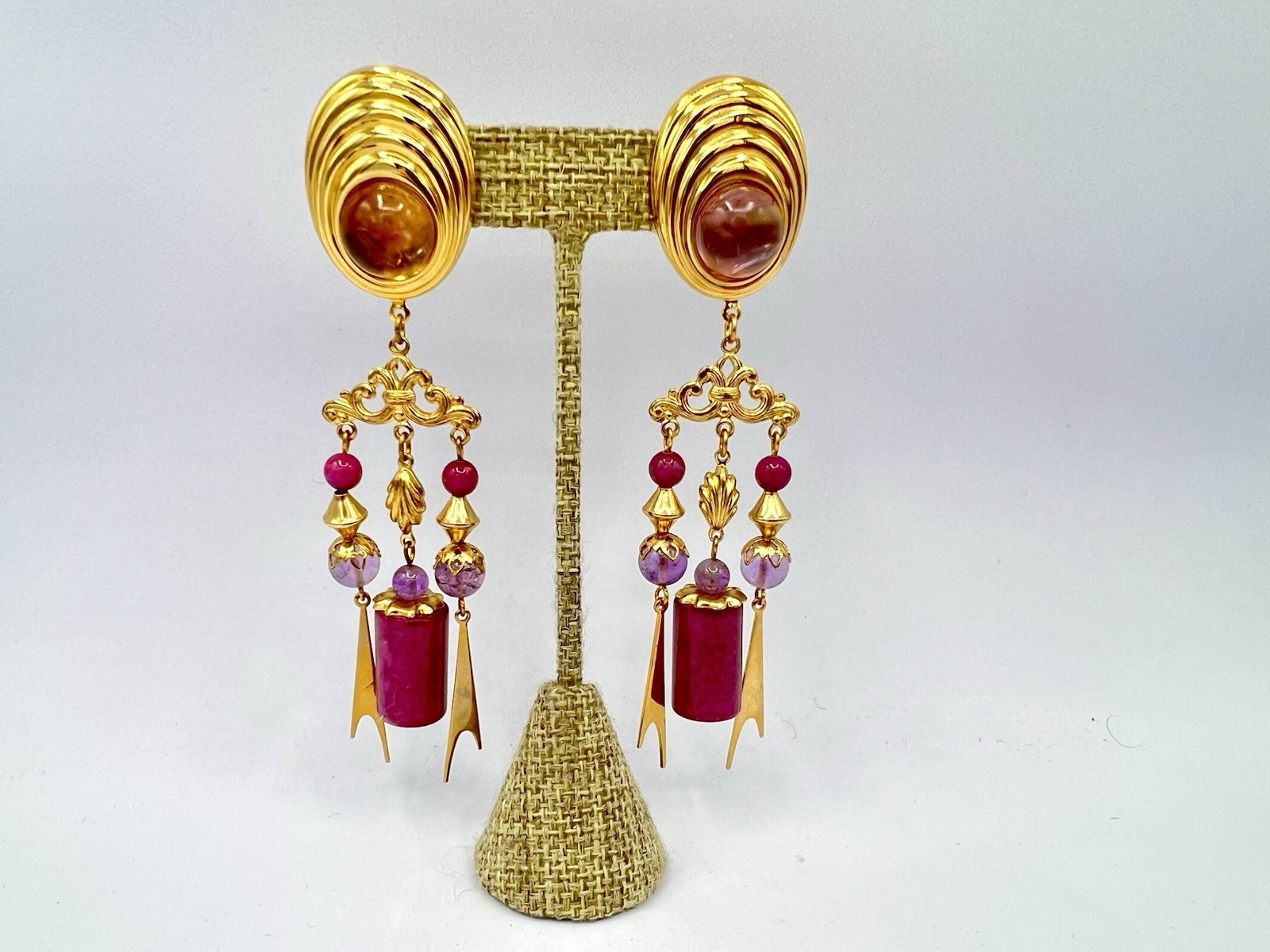 Vintage 1980s Saks NOS Gold Amethyst Fuchsia Chandelier Spikes Earrings RO-DO SI