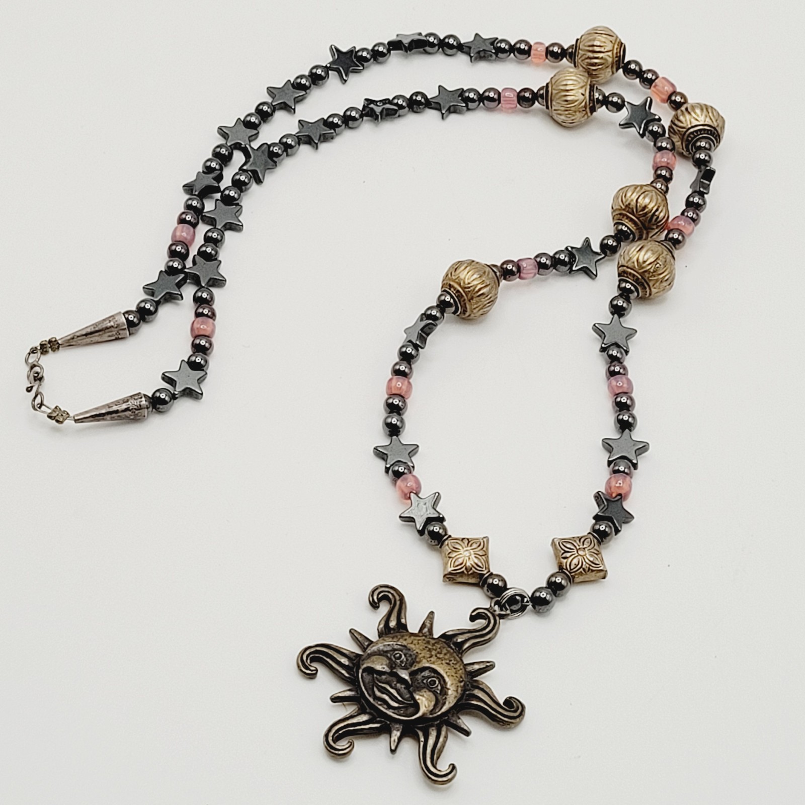 Celestial Sun Stars Black Hematine Bead Pendant Gold Tone Cone Ends Necklace